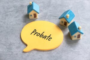 Toy House with a Speech Bubble Displaying the Word 'Probate'